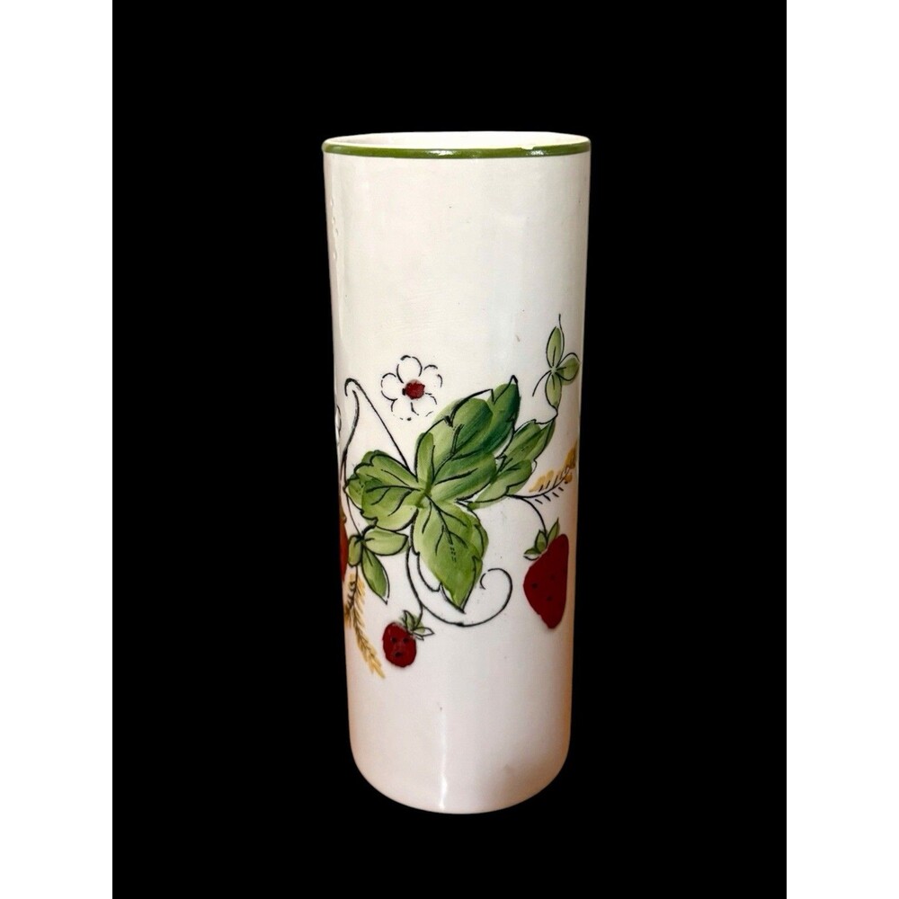 Vtg Ceramic Weiss Hand Painted Strawberry Design Cylinder Vase Made In Brazil